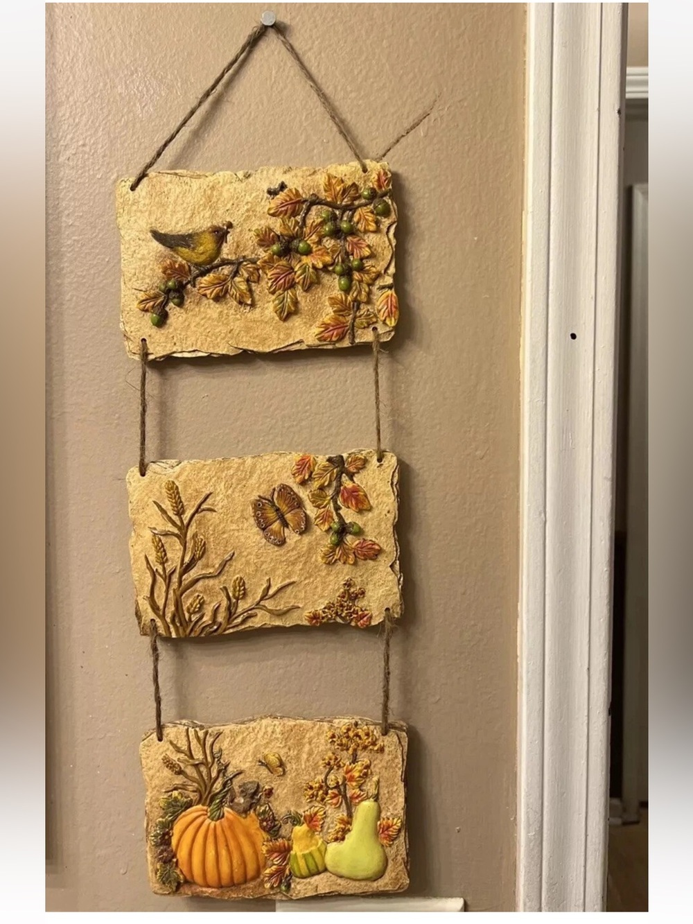 Fall Harvest Wall Hanging Vintage Pumpkins Mouse Butterfly Bird Charming 22"